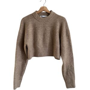 Zara Knit Mock Neck Top Sleek Cropped Brown Long Sleeve Pullover Sweater Size M